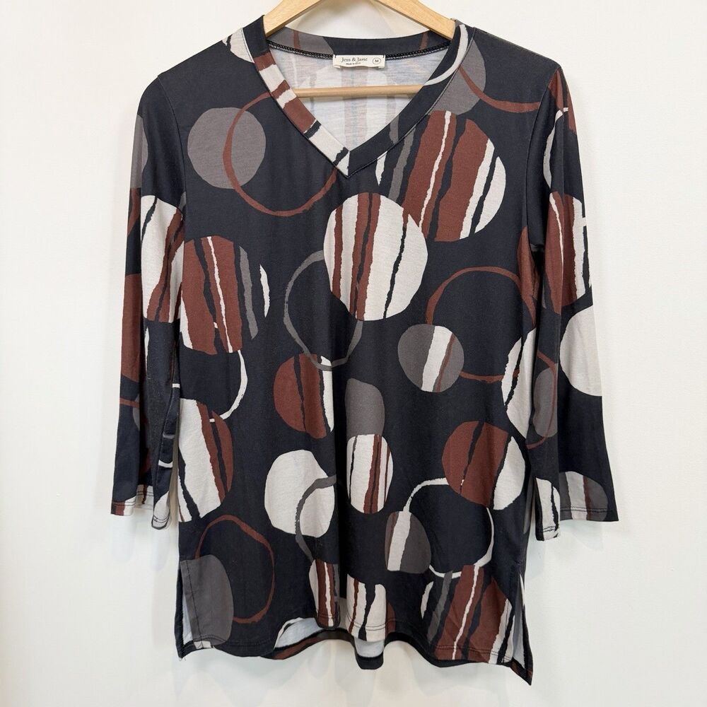 Jess And Jane Top Women Medium Black Abstract Polka Dot Circles Artsy Tunic